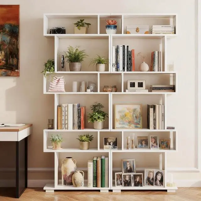 Alt view image 4 of 7 - 6-Tier S Shaped Bookshelf, Geometric Bookcase with 2 Anti-Tipping Kits, Wooden Storage Shelving Unit, Freestanding Display Shelf for Living Room, Office, Bedroom White