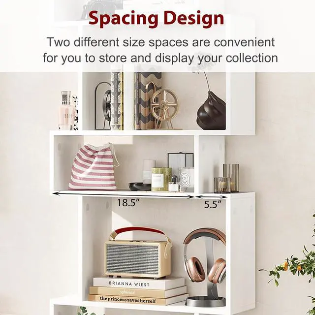 Alt view image 5 of 7 - 6-Tier S Shaped Bookshelf, Geometric Bookcase with 2 Anti-Tipping Kits, Wooden Storage Shelving Unit, Freestanding Display Shelf for Living Room, Office, Bedroom White