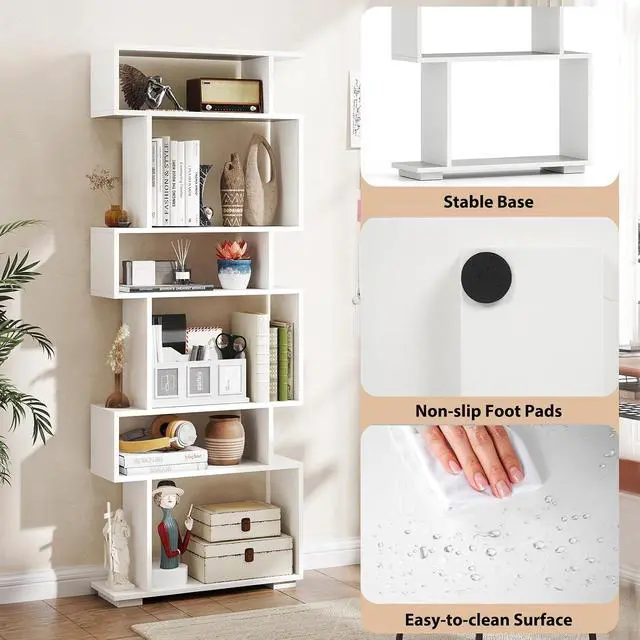 Alt view image 7 of 7 - 6-Tier S Shaped Bookshelf, Geometric Bookcase with 2 Anti-Tipping Kits, Wooden Storage Shelving Unit, Freestanding Display Shelf for Living Room, Office, Bedroom White