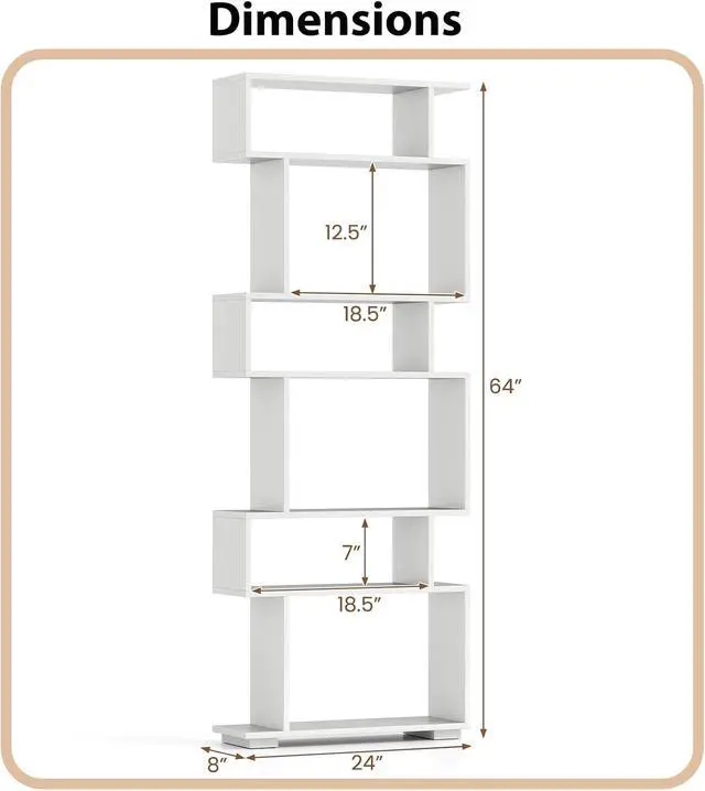 Alt view image 3 of 7 - 6-Tier S Shaped Bookshelf, Geometric Bookcase with 2 Anti-Tipping Kits, Wooden Storage Shelving Unit, Freestanding Display Shelf for Living Room, Office, Bedroom White