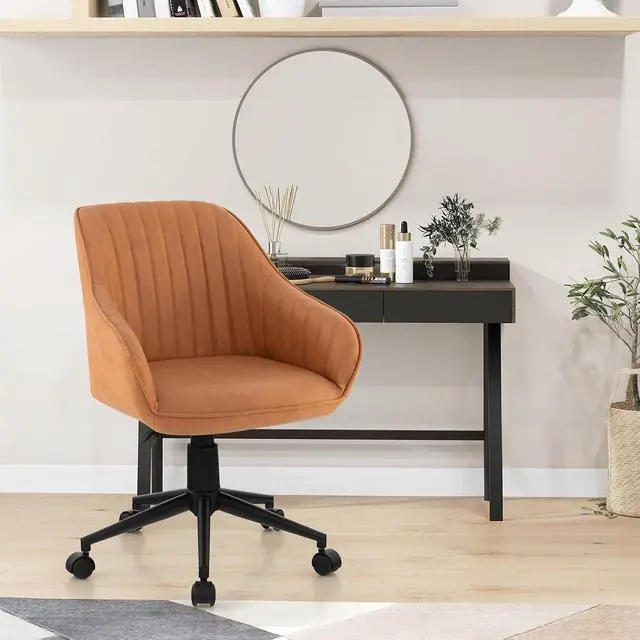 Alt view image 2 of 7 - Modern Home Office Desk Chair, Mid Century Computer Chair Adjustable Swivel Bedroom Makeup Chair with Wheels and Arms Brown (1 Pack)