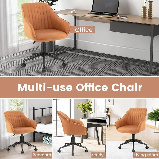 Alt view image 7 of 7 - Modern Home Office Desk Chair, Mid Century Computer Chair Adjustable Swivel Bedroom Makeup Chair with Wheels and Arms Brown (1 Pack)