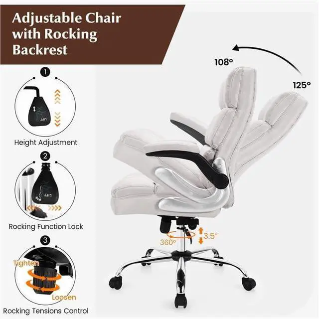 Alt view image 4 of 7 - Big and Tall Office Chair 400lbs - Ergonomic High-Back Executive Desk Chair with Flip-Up Arms & Thick Cushion, Home Office Beige Fabric