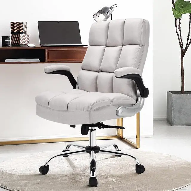 Alt view image 3 of 7 - Big and Tall Office Chair 400lbs - Ergonomic High-Back Executive Desk Chair with Flip-Up Arms & Thick Cushion, Home Office Beige Fabric