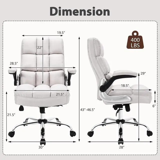 Alt view image 2 of 7 - Big and Tall Office Chair 400lbs - Ergonomic High-Back Executive Desk Chair with Flip-Up Arms & Thick Cushion, Home Office Beige Fabric
