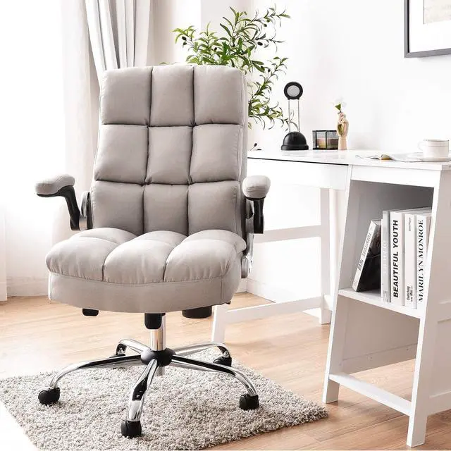 Main image of Big and Tall Office Chair 400lbs - Ergonomic High-Back Executive Desk Chair with Flip-Up Arms & Thick Cushion, Home Office Beige Fabric
