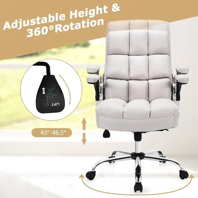 Alt view image 6 of 7 - Big and Tall Office Chair 400lbs - Ergonomic High-Back Executive Desk Chair with Flip-Up Arms & Thick Cushion, Home Office Beige Fabric