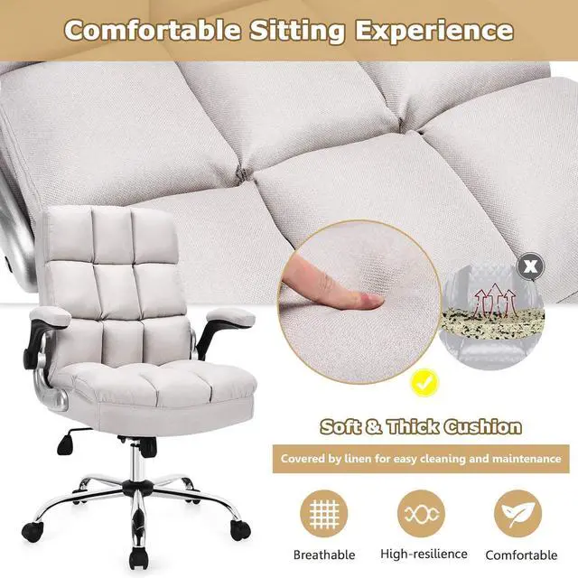 Alt view image 5 of 7 - Big and Tall Office Chair 400lbs - Ergonomic High-Back Executive Desk Chair with Flip-Up Arms & Thick Cushion, Home Office Beige Fabric