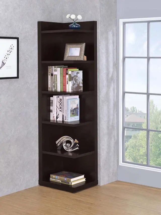 Alt view image 2 of 7 - Coaster Home Furnishings - Alder - Engineered Wood - 6-Shelf Tall Corner Bookcase with Leveling Glides, Modern Design, Transitional Style - Living Room and Home Office - 71-Inch - Cappuccino - 800270