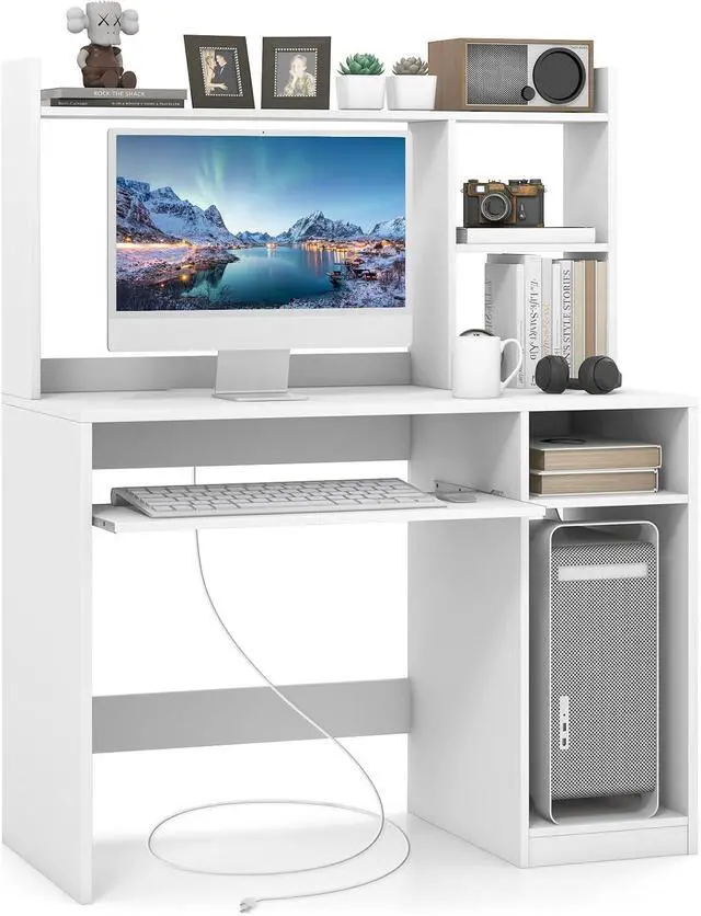 Main image of White Modern Large Computer Desk with Storage Shelf, Office Desk with Hutch, CPU Stand & Keyboard Tray, Home PC Desk with Bookshelf, for Bedroom, Study, Living Room