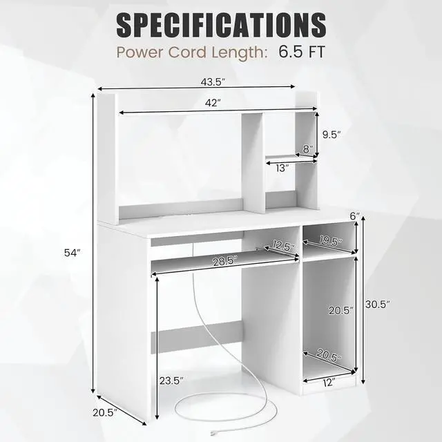 Alt view image 3 of 7 - White Modern Large Computer Desk with Storage Shelf, Office Desk with Hutch, CPU Stand & Keyboard Tray, Home PC Desk with Bookshelf, for Bedroom, Study, Living Room