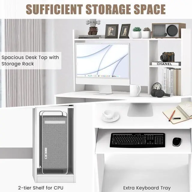 Alt view image 4 of 7 - White Modern Large Computer Desk with Storage Shelf, Office Desk with Hutch, CPU Stand & Keyboard Tray, Home PC Desk with Bookshelf, for Bedroom, Study, Living Room