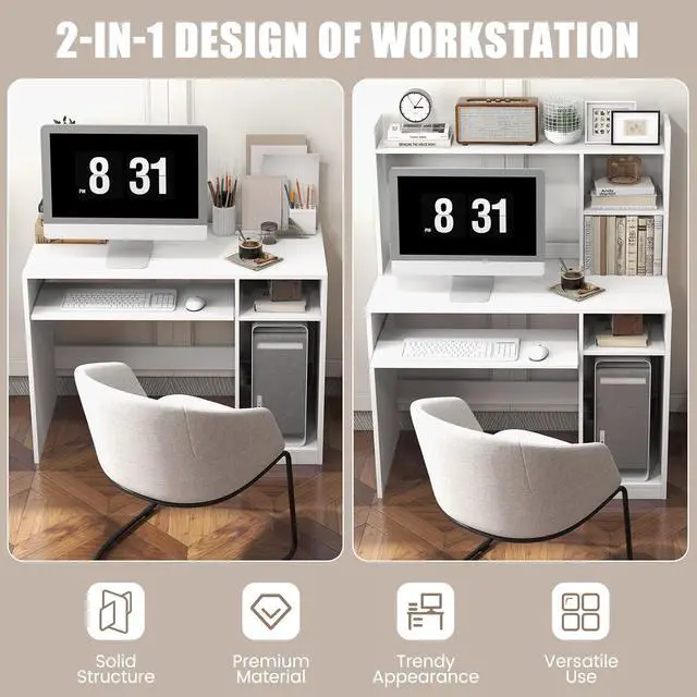 Alt view image 6 of 7 - White Modern Large Computer Desk with Storage Shelf, Office Desk with Hutch, CPU Stand & Keyboard Tray, Home PC Desk with Bookshelf, for Bedroom, Study, Living Room