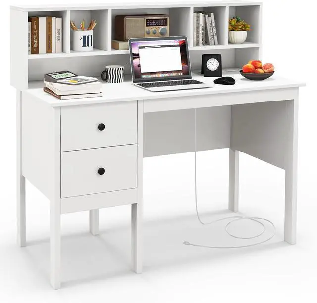 Main image of Modern Home Office Desk with Hutch, Office Desk with USB Charging Ports and Power Outlets, Computer Desk with 5 Storage Cubbies and 2 Drawers, Writing Study Desk for Bedroom (White)