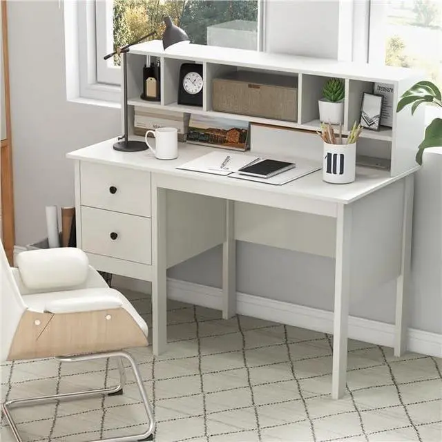 Alt view image 2 of 7 - Modern Home Office Desk with Hutch, Office Desk with USB Charging Ports and Power Outlets, Computer Desk with 5 Storage Cubbies and 2 Drawers, Writing Study Desk for Bedroom (White)