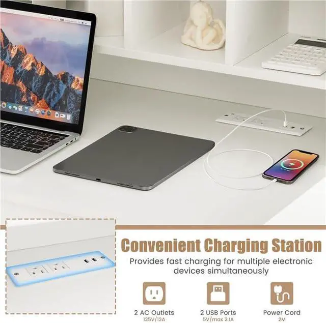 Alt view image 4 of 7 - Modern Home Office Desk with Hutch, Office Desk with USB Charging Ports and Power Outlets, Computer Desk with 5 Storage Cubbies and 2 Drawers, Writing Study Desk for Bedroom (White)