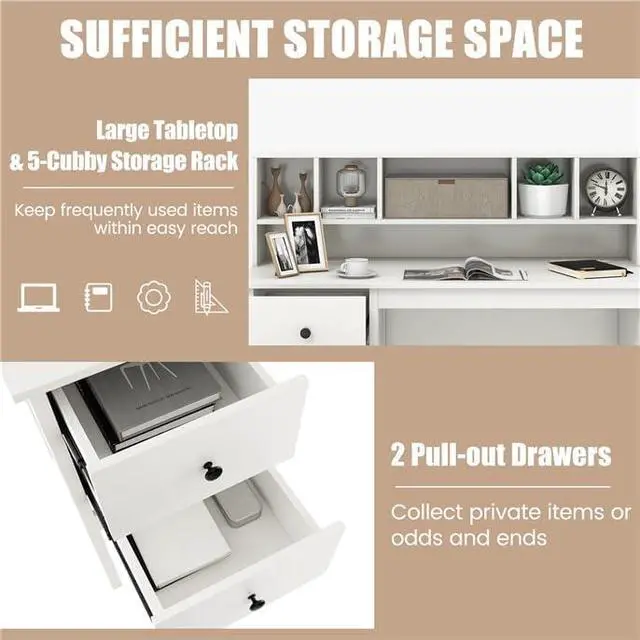 Alt view image 5 of 7 - Modern Home Office Desk with Hutch, Office Desk with USB Charging Ports and Power Outlets, Computer Desk with 5 Storage Cubbies and 2 Drawers, Writing Study Desk for Bedroom (White)