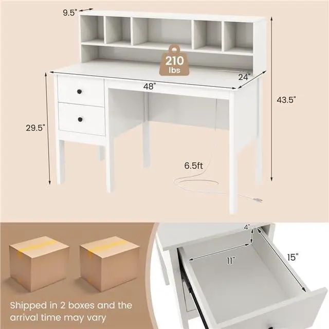 Alt view image 3 of 7 - Modern Home Office Desk with Hutch, Office Desk with USB Charging Ports and Power Outlets, Computer Desk with 5 Storage Cubbies and 2 Drawers, Writing Study Desk for Bedroom (White)
