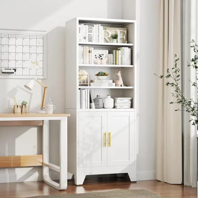Main image of Tall Bookshelf with Doors and 2 Doors, 6-Tier Bookcase Cabinet, Modern Cube Storage Organizer for Studyroom, Classroom Livingroom, Bedroom (White)
