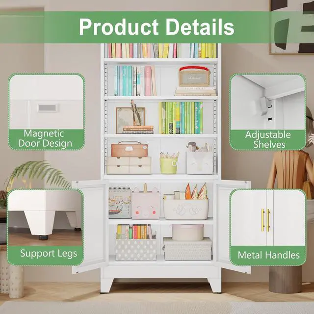 Alt view image 3 of 7 - Tall Bookshelf with Doors and 2 Doors, 6-Tier Bookcase Cabinet, Modern Cube Storage Organizer for Studyroom, Classroom Livingroom, Bedroom (White)