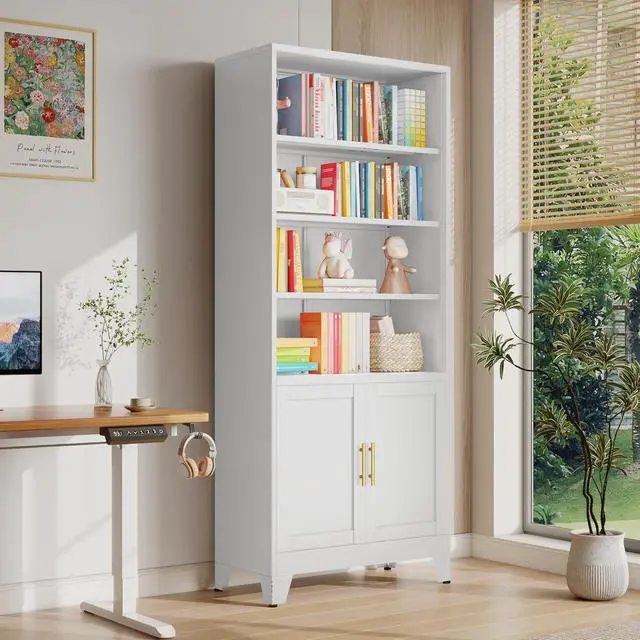 Alt view image 4 of 7 - Tall Bookshelf with Doors and 2 Doors, 6-Tier Bookcase Cabinet, Modern Cube Storage Organizer for Studyroom, Classroom Livingroom, Bedroom (White)
