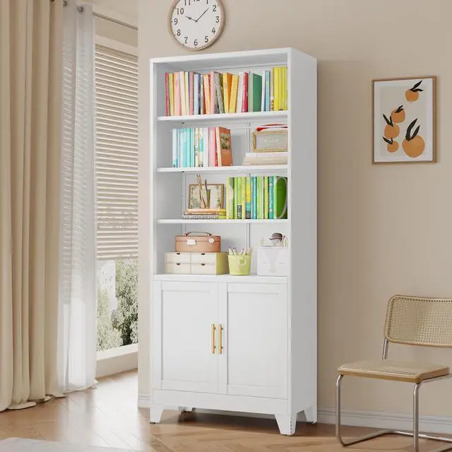 Alt view image 7 of 7 - Tall Bookshelf with Doors and 2 Doors, 6-Tier Bookcase Cabinet, Modern Cube Storage Organizer for Studyroom, Classroom Livingroom, Bedroom (White)