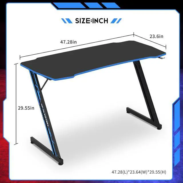 Alt view image 7 of 7 - Gaming Desk 47 Inch Z Shaped Computer Table Ergonomic Office Desk with Headphone Hook, Blue