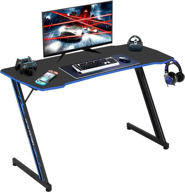 Main image of Gaming Desk 47 Inch Z Shaped Computer Table Ergonomic Office Desk with Headphone Hook, Blue