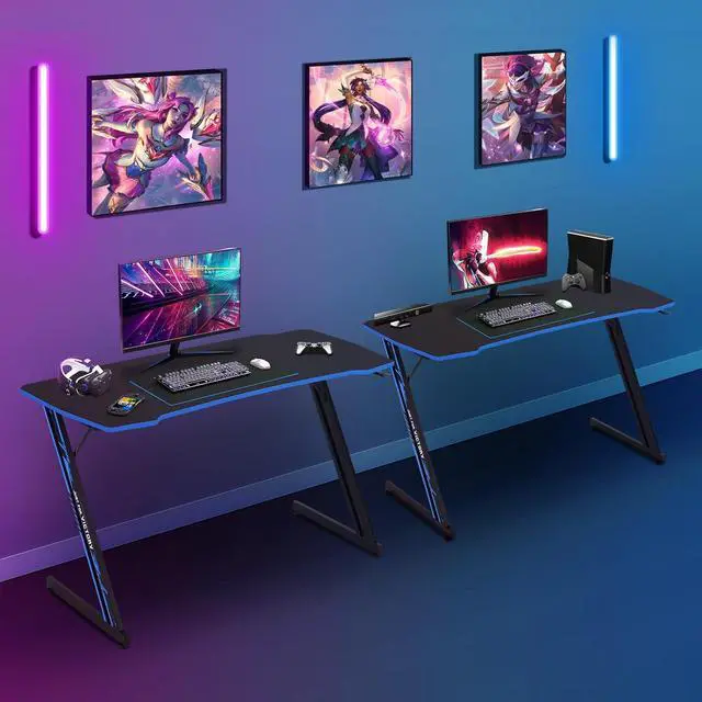 Alt view image 5 of 7 - Gaming Desk 47 Inch Z Shaped Computer Table Ergonomic Office Desk with Headphone Hook, Blue