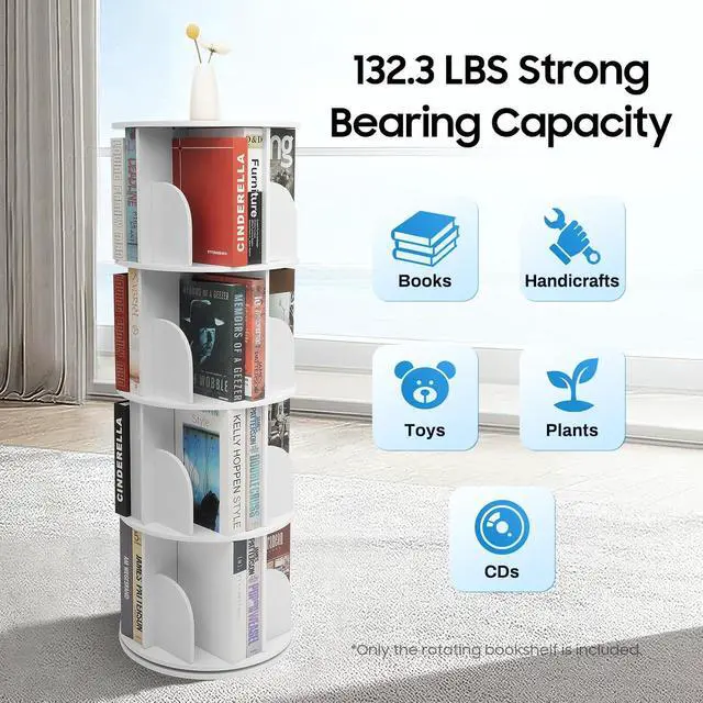 Alt view image 3 of 7 - Rotating Bookshelf, 4 Tier Spinning Bookcase with Baffle, Revolving 360 Book Shelf Vertical Turning Round Storage Bookshelf, Book Shelf Organizer for Bedroom, Living Room, Office Study Rooms Etc