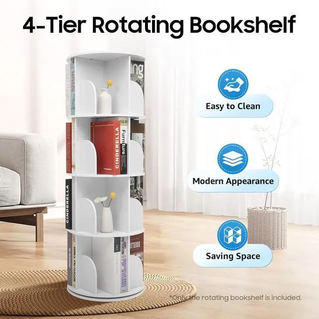 Alt view image 4 of 7 - Rotating Bookshelf, 4 Tier Spinning Bookcase with Baffle, Revolving 360 Book Shelf Vertical Turning Round Storage Bookshelf, Book Shelf Organizer for Bedroom, Living Room, Office Study Rooms Etc
