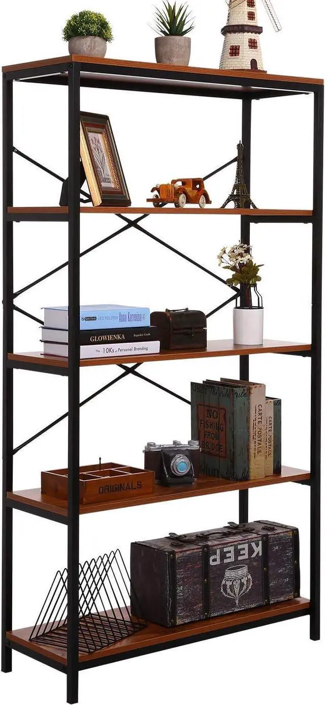 Main image of Tall Bookcase, Open Bookshelf Modern Wide Book Shelf Wood Metal Industrial Bookcase Furniture Shelving Unit Storage 4 Tier Bookshelf
