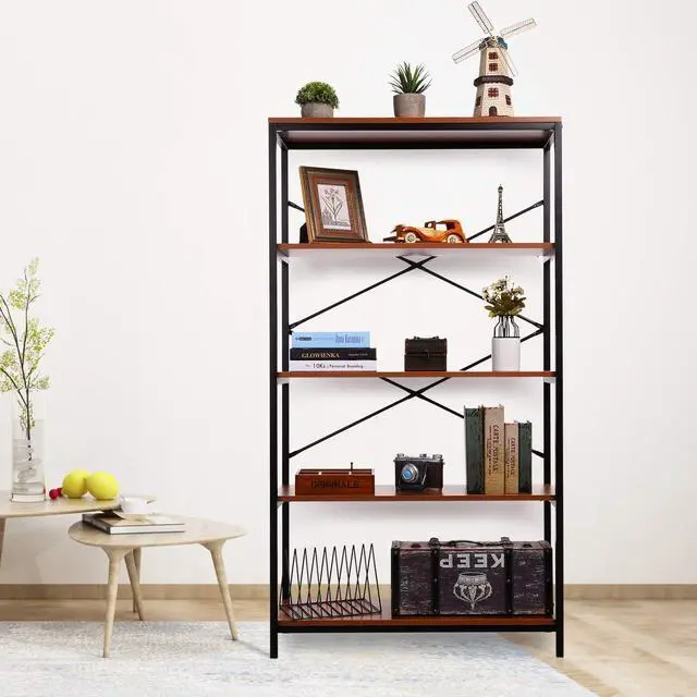 Alt view image 2 of 5 - Tall Bookcase, Open Bookshelf Modern Wide Book Shelf Wood Metal Industrial Bookcase Furniture Shelving Unit Storage 4 Tier Bookshelf