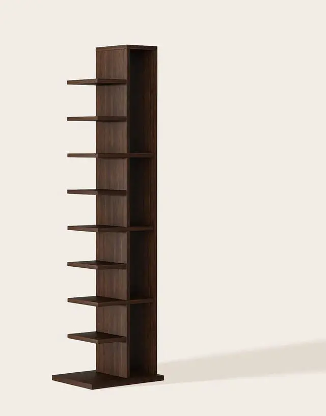 Main image of 9-Tier Vertical Bookshelf with Modern Invisible Design, Walnut Brown Closed-Back Bookcase for Heavy-Duty Storage, Space-Saving Organizer for Home or Office