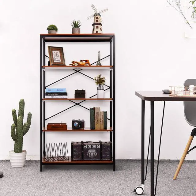 Alt view image 5 of 5 - Tall Bookcase, Open Bookshelf Modern Wide Book Shelf Wood Metal Industrial Bookcase Furniture Shelving Unit Storage 4 Tier Bookshelf