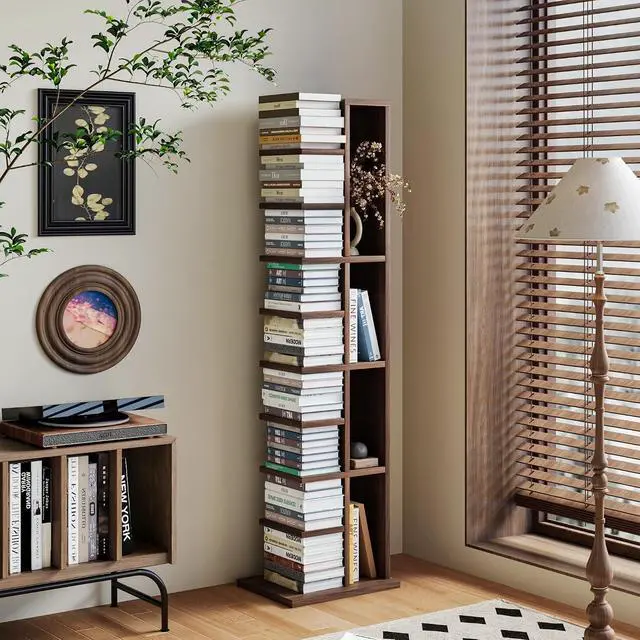 Alt view image 2 of 7 - 9-Tier Vertical Bookshelf with Modern Invisible Design, Walnut Brown Closed-Back Bookcase for Heavy-Duty Storage, Space-Saving Organizer for Home or Office