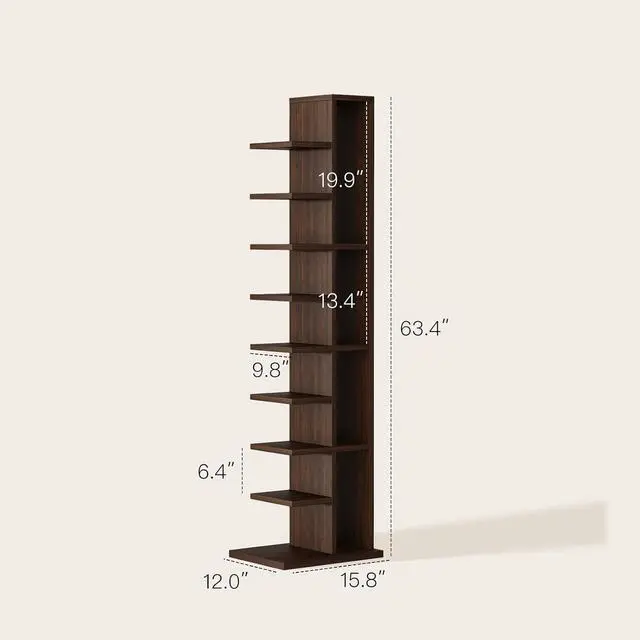 Alt view image 3 of 7 - 9-Tier Vertical Bookshelf with Modern Invisible Design, Walnut Brown Closed-Back Bookcase for Heavy-Duty Storage, Space-Saving Organizer for Home or Office