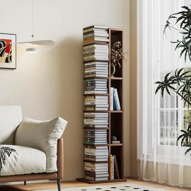 Alt view image 4 of 7 - 9-Tier Vertical Bookshelf with Modern Invisible Design, Walnut Brown Closed-Back Bookcase for Heavy-Duty Storage, Space-Saving Organizer for Home or Office