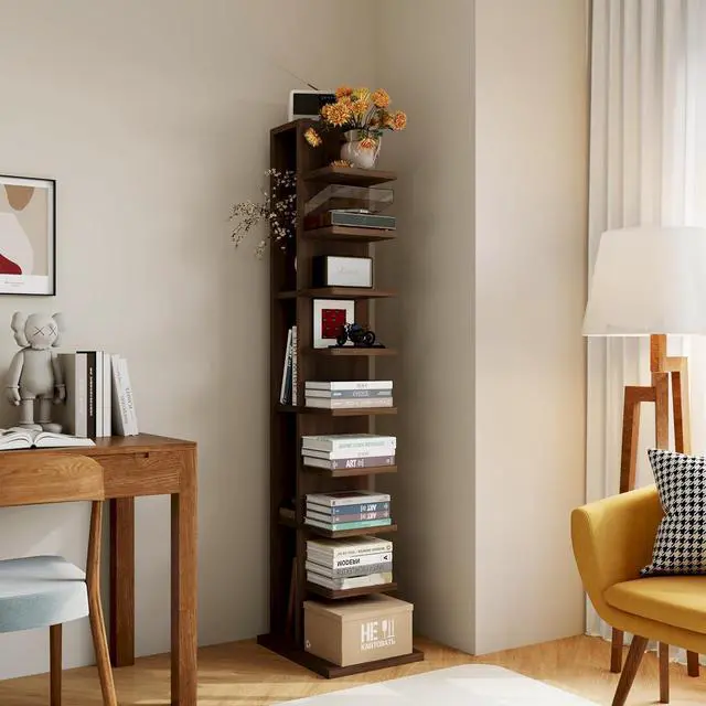 Alt view image 5 of 7 - 9-Tier Vertical Bookshelf with Modern Invisible Design, Walnut Brown Closed-Back Bookcase for Heavy-Duty Storage, Space-Saving Organizer for Home or Office