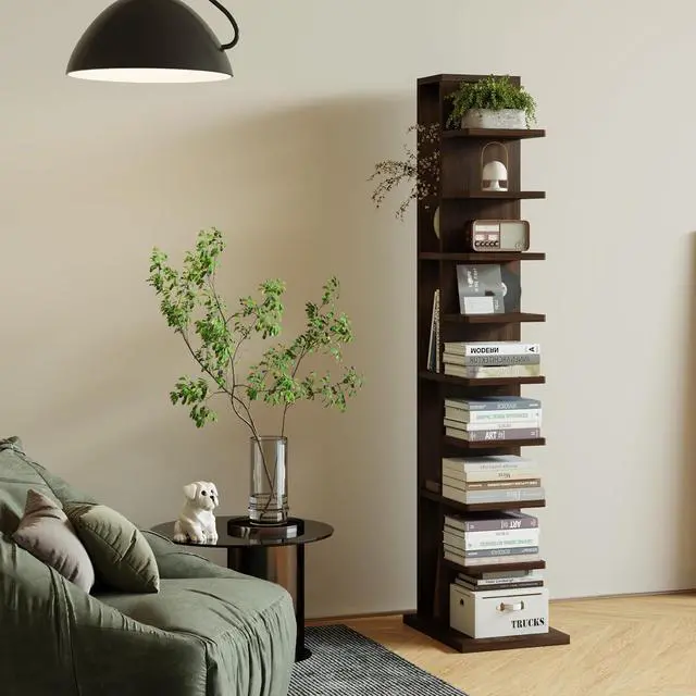 Alt view image 7 of 7 - 9-Tier Vertical Bookshelf with Modern Invisible Design, Walnut Brown Closed-Back Bookcase for Heavy-Duty Storage, Space-Saving Organizer for Home or Office