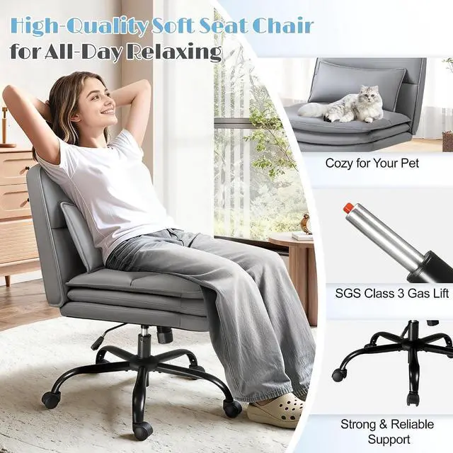 Alt view image 3 of 7 - Criss Cross Legged Office Chair with Wheels, Armless Extra Wide Seat Swivel Desk Chair, Adjustable Height Comfy Task Chair with Thick Cushion for Home Office Bedroom Vanity (PU Leather, Grey)