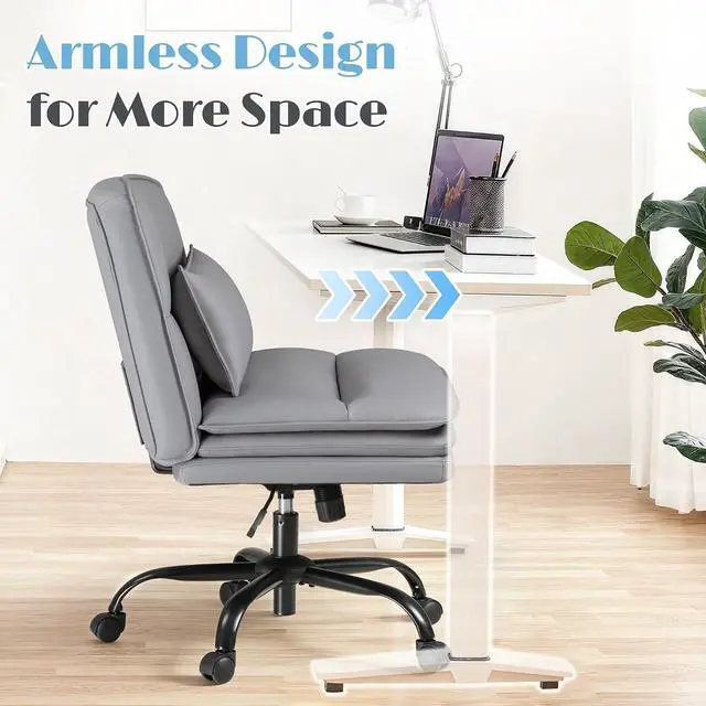 Alt view image 4 of 7 - Criss Cross Legged Office Chair with Wheels, Armless Extra Wide Seat Swivel Desk Chair, Adjustable Height Comfy Task Chair with Thick Cushion for Home Office Bedroom Vanity (PU Leather, Grey)