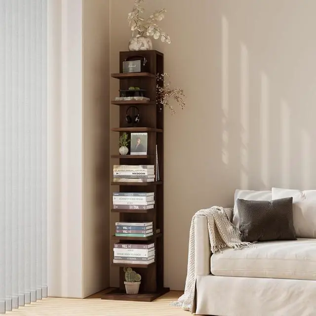 Alt view image 6 of 7 - 9-Tier Vertical Bookshelf with Modern Invisible Design, Walnut Brown Closed-Back Bookcase for Heavy-Duty Storage, Space-Saving Organizer for Home or Office