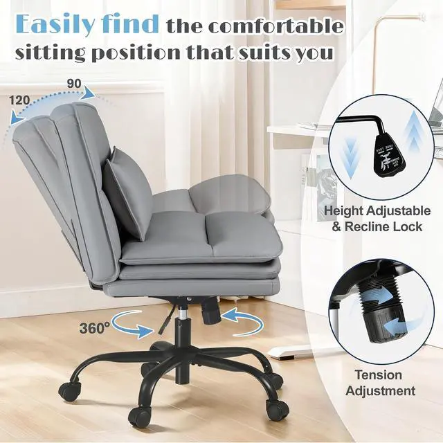 Alt view image 6 of 7 - Criss Cross Legged Office Chair with Wheels, Armless Extra Wide Seat Swivel Desk Chair, Adjustable Height Comfy Task Chair with Thick Cushion for Home Office Bedroom Vanity (PU Leather, Grey)