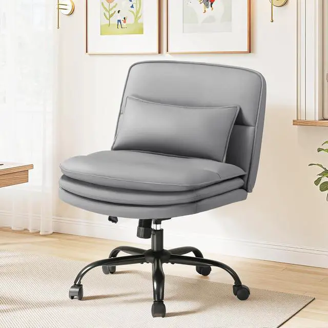 Alt view image 7 of 7 - Criss Cross Legged Office Chair with Wheels, Armless Extra Wide Seat Swivel Desk Chair, Adjustable Height Comfy Task Chair with Thick Cushion for Home Office Bedroom Vanity (PU Leather, Grey)