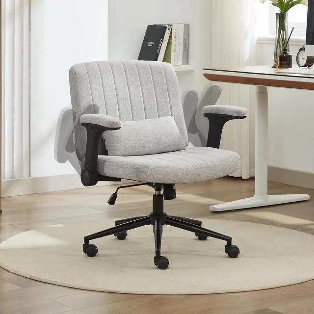 Main image of Criss Cross Office Chair with Wheels and Adjustable Flip Arms, Extra Wide Cross Legged Desk Chair with Lumbar Pillow for Home Office, Bedroom, Apartment (Linen Gray)
