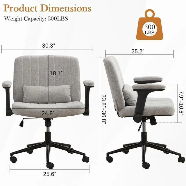 Alt view image 2 of 7 - Criss Cross Office Chair with Wheels and Adjustable Flip Arms, Extra Wide Cross Legged Desk Chair with Lumbar Pillow for Home Office, Bedroom, Apartment (Linen Gray)