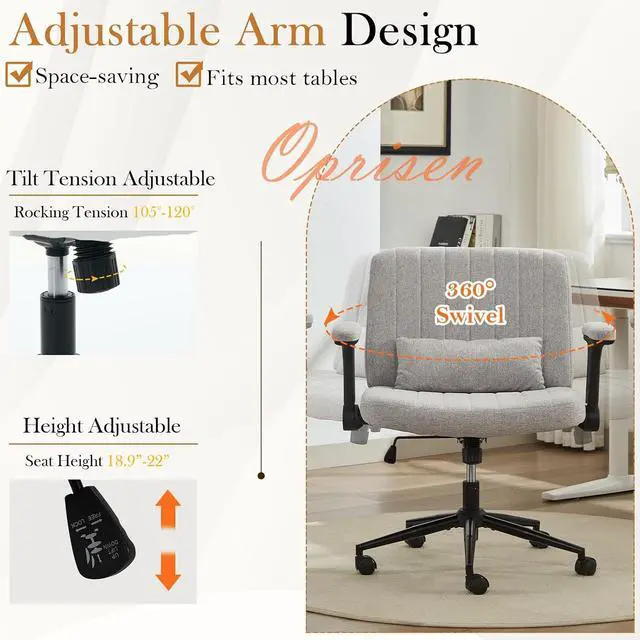 Alt view image 3 of 7 - Criss Cross Office Chair with Wheels and Adjustable Flip Arms, Extra Wide Cross Legged Desk Chair with Lumbar Pillow for Home Office, Bedroom, Apartment (Linen Gray)