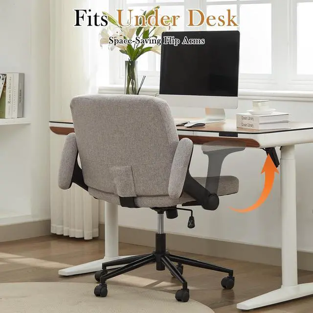 Alt view image 4 of 7 - Criss Cross Office Chair with Wheels and Adjustable Flip Arms, Extra Wide Cross Legged Desk Chair with Lumbar Pillow for Home Office, Bedroom, Apartment (Linen Gray)
