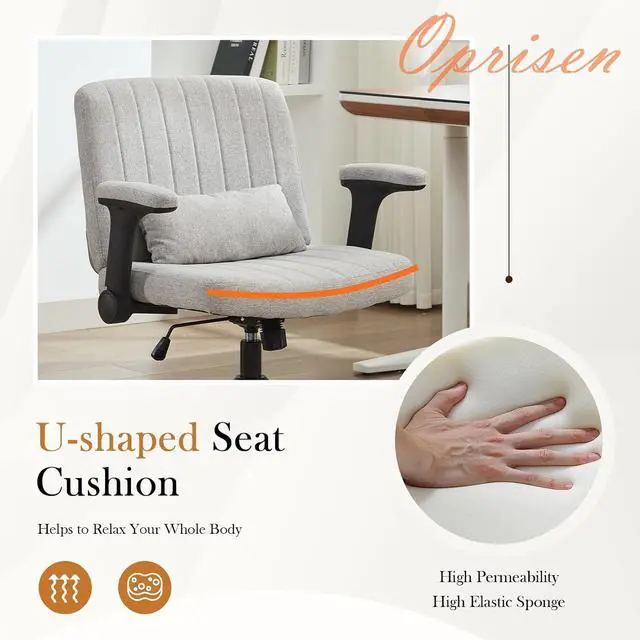 Alt view image 6 of 7 - Criss Cross Office Chair with Wheels and Adjustable Flip Arms, Extra Wide Cross Legged Desk Chair with Lumbar Pillow for Home Office, Bedroom, Apartment (Linen Gray)